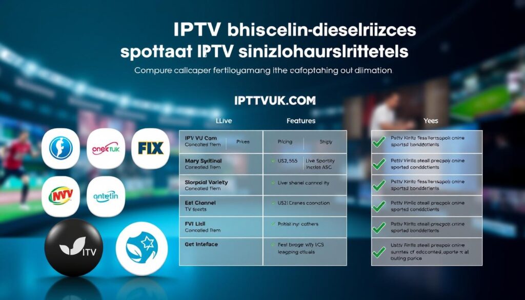 A visually engaging infographic comparing various IPTV services, focusing on features that cater to sports and TV enthusiasts. In the foreground, prominently display icons or logos of popular IPTV services like IPTVVUK.COM, with checkmarks indicating their attributes. In the middle ground, create a chart or table formatting these services, highlighting aspects like pricing, channel variety, and user interface. In the background, use a subtle gradient to convey a modern and digital atmosphere, with faint images of live sports events and TV shows to enhance the context. The lighting should be bright and inviting, suggesting clarity and accessibility, with a slight tilt angle to add depth. The overall mood should be informative and engaging, encouraging viewers to consider their IPTV choices. A visually engaging infographic comparing various IPTV services, focusing on features that cater to sports and TV enthusiasts. In the foreground, prominently display icons or logos of popular IPTV services like IPTVVUK.COM, with checkmarks indicating their attributes. In the middle ground, create a chart or table formatting these services, highlighting aspects like pricing, channel variety, and user interface. In the background, use a subtle gradient to convey a modern and digital atmosphere, with faint images of live sports events and TV shows to enhance the context. The lighting should be bright and inviting, suggesting clarity and accessibility, with a slight tilt angle to add depth. The overall mood should be informative and engaging, encouraging viewers to consider their IPTV choices.
