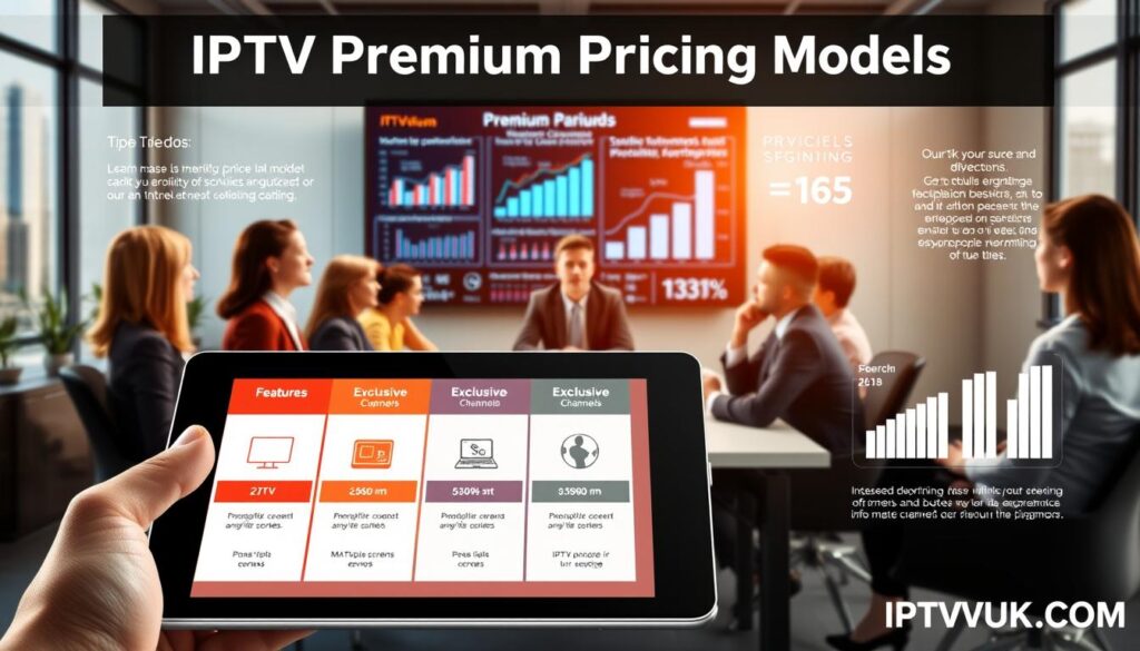 A visually engaging infographic illustrating IPTV Premium Pricing Models, set in a modern office environment. In the foreground, a sleek tablet displays various pricing tiers with icons representing features like HD content, multiple screens, and exclusive channels. The middle ground showcases a diverse group of professionals in business attire, discussing these models thoughtfully around a conference table, symbolizing collaboration and engagement. The background features a large digital screen displaying graphs and statistics related to IPTV pricing trends. The lighting is bright and professional, with sunlight filtering through large windows, creating an inviting atmosphere. The overall mood is informative and analytical, embodying the essence of the IPTV market. Include the brand name "IPTVVUK.COM" prominently in the design as part of the infographic. A visually engaging infographic illustrating IPTV Premium Pricing Models, set in a modern office environment. In the foreground, a sleek tablet displays various pricing tiers with icons representing features like HD content, multiple screens, and exclusive channels. The middle ground showcases a diverse group of professionals in business attire, discussing these models thoughtfully around a conference table, symbolizing collaboration and engagement. The background features a large digital screen displaying graphs and statistics related to IPTV pricing trends. The lighting is bright and professional, with sunlight filtering through large windows, creating an inviting atmosphere. The overall mood is informative and analytical, embodying the essence of the IPTV market. Include the brand name "IPTVVUK.COM" prominently in the design as part of the infographic.