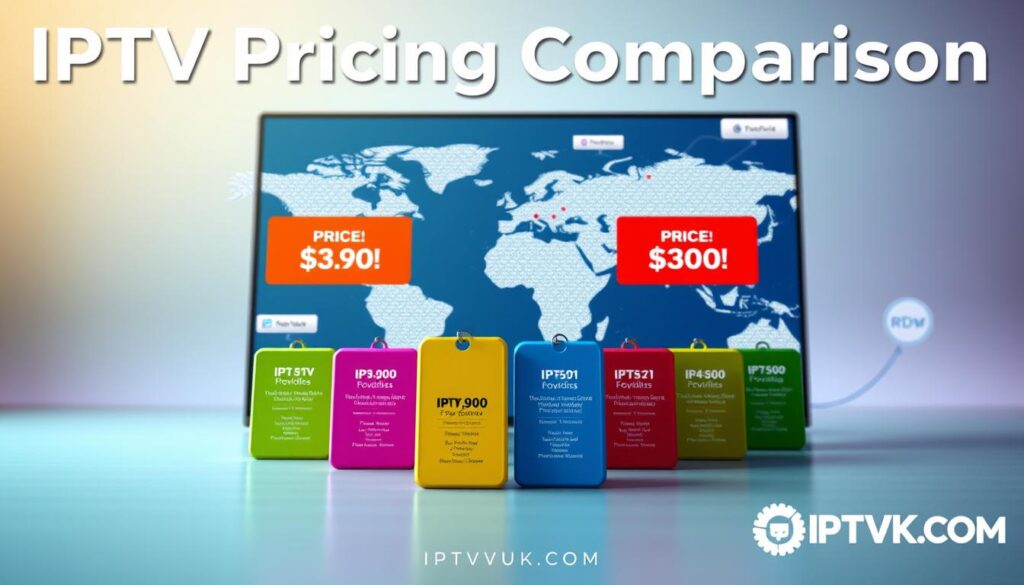A visually engaging infographic illustrating "IPTV Pricing Comparison" featuring a sleek, modern design. In the foreground, present colorful, distinct price tags or boxes with varying pricing for diverse IPTV services, including "IPTVVUK.COM." In the middle ground, display a world map highlighting different international IPTV providers, with connections or arrows indicating service areas. The background should consist of a soft gradient suggesting a global technology theme. Use bright yet professional lighting, creating an optimistic and informative atmosphere. The viewpoint should be slightly angled for depth, capturing attention while conveying clarity. Ensure the absence of any text or watermarks to maintain focus on the visual comparison. A visually engaging infographic illustrating "IPTV Pricing Comparison" featuring a sleek, modern design. In the foreground, present colorful, distinct price tags or boxes with varying pricing for diverse IPTV services, including "IPTVVUK.COM." In the middle ground, display a world map highlighting different international IPTV providers, with connections or arrows indicating service areas. The background should consist of a soft gradient suggesting a global technology theme. Use bright yet professional lighting, creating an optimistic and informative atmosphere. The viewpoint should be slightly angled for depth, capturing attention while conveying clarity. Ensure the absence of any text or watermarks to maintain focus on the visual comparison.