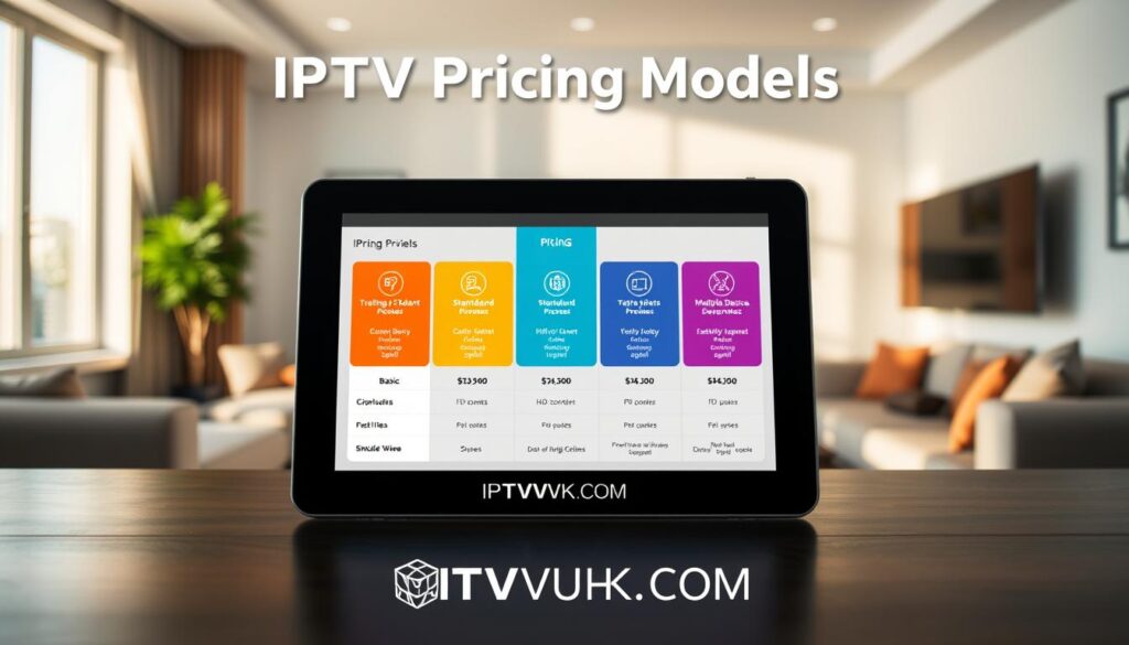 A visually engaging infographic illustrating "IPTV Pricing Models". In the foreground, present a sleek tablet displaying various pricing tiers for IPTV services, elegantly arranged in a grid layout. The middle layer features colorful icons representing different IPTV subscription options, such as basic, standard, and premium plans, along with visual cues highlighting benefits like HD content and multiple device access. In the background, a modern home setting enhances the context, showing a cozy living room with a large TV and comfortable seating, casting soft natural light. The mood is informative and professional, reflecting an atmosphere of clarity and understanding, ideal for readers exploring IPTV services. Incorporate the brand name "IPTVVUK.COM" subtly into the design, ensuring no text or overlays are present in the image. A visually engaging infographic illustrating "IPTV Pricing Models". In the foreground, present a sleek tablet displaying various pricing tiers for IPTV services, elegantly arranged in a grid layout. The middle layer features colorful icons representing different IPTV subscription options, such as basic, standard, and premium plans, along with visual cues highlighting benefits like HD content and multiple device access. In the background, a modern home setting enhances the context, showing a cozy living room with a large TV and comfortable seating, casting soft natural light. The mood is informative and professional, reflecting an atmosphere of clarity and understanding, ideal for readers exploring IPTV services. Incorporate the brand name "IPTVVUK.COM" subtly into the design, ensuring no text or overlays are present in the image.
