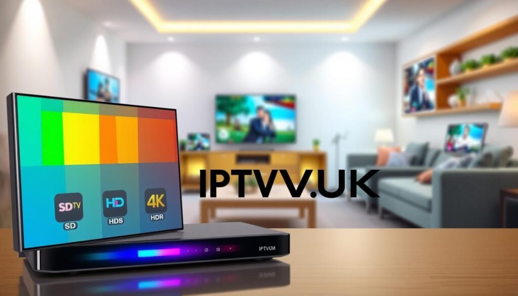 A visually engaging infographic-style illustration representing IPTV streaming quality options. In the foreground, a sleek digital device displaying various streaming quality icons, such as SD, HD, 4K, and HDR, illuminated with vibrant colors. In the middle, a blurred montage of household settings showcasing users enjoying IPTV on different screens, from TVs to tablets, reflecting a comfortable atmosphere. In the background, a modern living room setting with stylish furniture and soft lighting creates a cozy yet tech-savvy environment. Emphasize clarity in the quality options and ensure branding is subtly integrated with the label "IPTVVUK.COM" displayed prominently yet stylishly within the design, conveying a professional tone without distractions. A visually engaging infographic-style illustration representing IPTV streaming quality options. In the foreground, a sleek digital device displaying various streaming quality icons, such as SD, HD, 4K, and HDR, illuminated with vibrant colors. In the middle, a blurred montage of household settings showcasing users enjoying IPTV on different screens, from TVs to tablets, reflecting a comfortable atmosphere. In the background, a modern living room setting with stylish furniture and soft lighting creates a cozy yet tech-savvy environment. Emphasize clarity in the quality options and ensure branding is subtly integrated with the label "IPTVVUK.COM" displayed prominently yet stylishly within the design, conveying a professional tone without distractions.