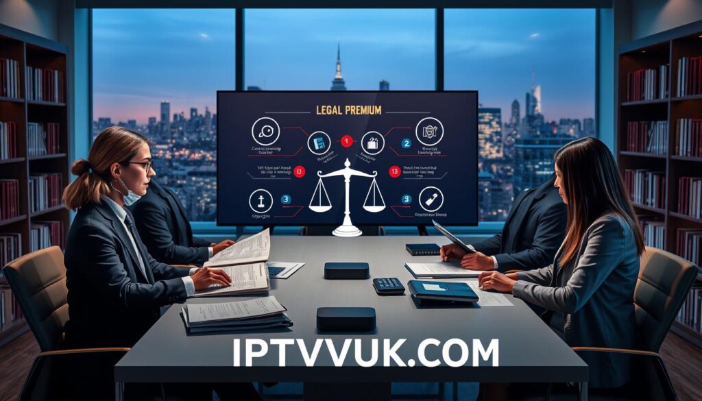 A visually engaging scene depicting the legal aspects of IPTV Premium usage. In the foreground, a diverse group of three professionals (a Caucasian woman, a Black man, and an Asian woman), dressed in smart business attire, are gathered around a sleek conference table, studying legal documents and digital devices that illustrate streaming. In the middle ground, a large screen displays a stylized infographic related to IPTV legal issues, such as copyright symbols and legal scales. The background features a modern office setting with bookshelves filled with legal texts and a window showcasing a city skyline bathed in soft, ambient lighting. The mood should convey professionalism and focus, emphasizing the importance of understanding legal considerations in streaming services. Include a subtle branding element of "IPTVVUK.COM" integrated into the scene. A visually engaging scene depicting the legal aspects of IPTV Premium usage. In the foreground, a diverse group of three professionals (a Caucasian woman, a Black man, and an Asian woman), dressed in smart business attire, are gathered around a sleek conference table, studying legal documents and digital devices that illustrate streaming. In the middle ground, a large screen displays a stylized infographic related to IPTV legal issues, such as copyright symbols and legal scales. The background features a modern office setting with bookshelves filled with legal texts and a window showcasing a city skyline bathed in soft, ambient lighting. The mood should convey professionalism and focus, emphasizing the importance of understanding legal considerations in streaming services. Include a subtle branding element of "IPTVVUK.COM" integrated into the scene.
