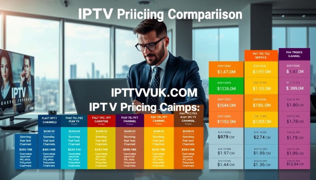 A visually striking and informative image depicting an "IPTV Pricing Comparison." In the foreground, a sleek, modern infographic showcases various IPTV services with colorful, multi-tiered pricing boxes, clearly labeled with service names, prices, and featured channels. In the middle, a professional business analyst, dressed in smart casual attire, studies the data on a laptop, surrounded by digital devices like a smart TV, tablet, and smartphone displaying IPTV logos. In the background, a contemporary office with a large window showing a city skyline creates a sense of professionalism. The lighting is bright and inviting, with soft shadows enhancing the modern feel. The atmosphere is focused and analytical, reflecting a tech-savvy approach to entertainment options. The brand "IPTVVUK.COM" is subtly highlighted within the infographic elements. A visually striking and informative image depicting an "IPTV Pricing Comparison." In the foreground, a sleek, modern infographic showcases various IPTV services with colorful, multi-tiered pricing boxes, clearly labeled with service names, prices, and featured channels. In the middle, a professional business analyst, dressed in smart casual attire, studies the data on a laptop, surrounded by digital devices like a smart TV, tablet, and smartphone displaying IPTV logos. In the background, a contemporary office with a large window showing a city skyline creates a sense of professionalism. The lighting is bright and inviting, with soft shadows enhancing the modern feel. The atmosphere is focused and analytical, reflecting a tech-savvy approach to entertainment options. The brand "IPTVVUK.COM" is subtly highlighted within the infographic elements.