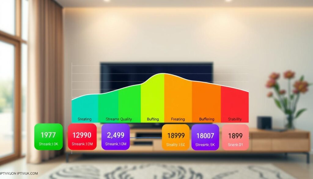 A visually striking comparison chart showcasing IPTV streaming quality. In the foreground, contain vibrant icons representing different IPTV services, including the brand "IPTVVUK.COM," each displaying unique streaming quality indicators like resolution and buffering levels. The middle layer should feature a dynamic graph showing varying performance metrics like speed and stability in bright, contrasting colors. The background consists of a blurred image of a modern living room with a large TV displaying an IPTV interface, embodying a cozy atmosphere. Enhance the scene with warm, soft lighting to create an inviting mood, and use a slightly lower angle to emphasize the technology and the comparison aspect of the image. The overall composition should be clear, professional, and engaging, perfect for illustrating IPTV service performance. A visually striking comparison chart showcasing IPTV streaming quality. In the foreground, contain vibrant icons representing different IPTV services, including the brand "IPTVVUK.COM," each displaying unique streaming quality indicators like resolution and buffering levels. The middle layer should feature a dynamic graph showing varying performance metrics like speed and stability in bright, contrasting colors. The background consists of a blurred image of a modern living room with a large TV displaying an IPTV interface, embodying a cozy atmosphere. Enhance the scene with warm, soft lighting to create an inviting mood, and use a slightly lower angle to emphasize the technology and the comparison aspect of the image. The overall composition should be clear, professional, and engaging, perfect for illustrating IPTV service performance.