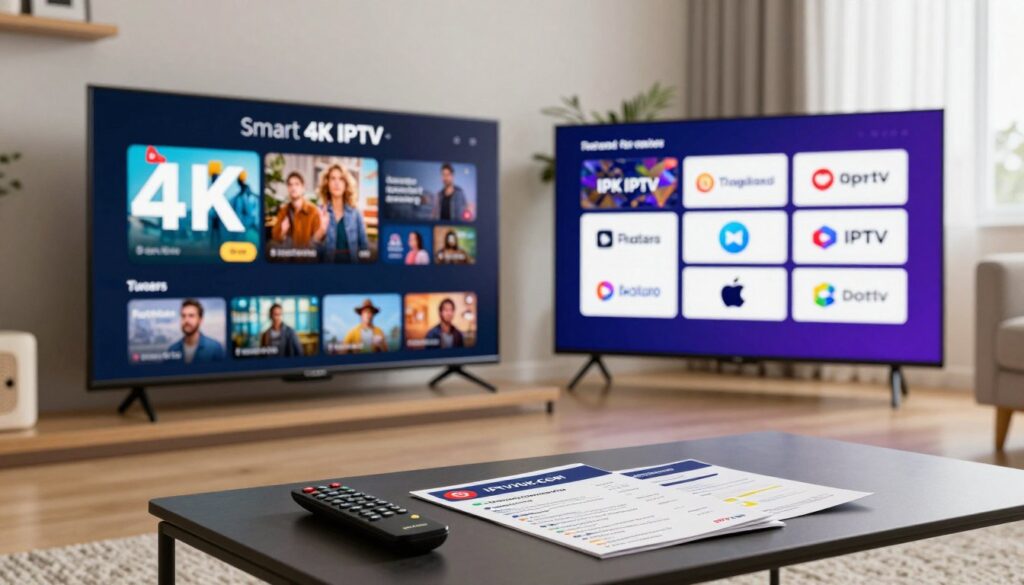 A visually striking comparison image showcasing Smart 4K IPTV services against traditional streaming options. In the foreground, a sleek modern living room with a large flat-screen TV displaying vibrant 4K visuals from IPTVVUK.COM. On the coffee table, a remote control and subscription brochures with technical specs. The middle ground features an elegant digital screen divided into two sections: one highlighting Smart 4K IPTV features like pricing and unique offerings, and the other illustrating traditional streaming options with generic logos. The background shows a cozy, well-lit room with soft natural lighting, creating a warm and inviting atmosphere. Capture the essence of innovation and modern technology, emphasizing the superiority of Smart 4K IPTV. Aim for a professional and informative mood, avoiding clutter or distractions in the presentation. A visually striking comparison image showcasing Smart 4K IPTV services against traditional streaming options. In the foreground, a sleek modern living room with a large flat-screen TV displaying vibrant 4K visuals from IPTVVUK.COM. On the coffee table, a remote control and subscription brochures with technical specs. The middle ground features an elegant digital screen divided into two sections: one highlighting Smart 4K IPTV features like pricing and unique offerings, and the other illustrating traditional streaming options with generic logos. The background shows a cozy, well-lit room with soft natural lighting, creating a warm and inviting atmosphere. Capture the essence of innovation and modern technology, emphasizing the superiority of Smart 4K IPTV. Aim for a professional and informative mood, avoiding clutter or distractions in the presentation.