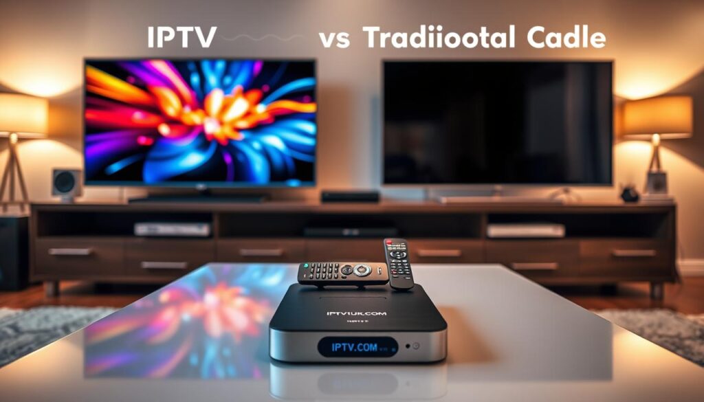 A visually striking comparison of IPTV and Traditional Cable, set in a modern living room. Foreground features two sleek television setups: one displaying vibrant IPTV streams with dynamic content, and the other showing static traditional cable channels. In the middle, a stylish coffee table holds a remote control and a digital streaming device labeled “IPTVVUK.COM.” The background portrays a cozy ambiance with soft, warm lighting, enhancing the inviting feel of the room. A subtle blur on the edges of the image adds depth, emphasizing the contrast between the two services. Capture a friendly, informative atmosphere, inviting viewers to explore the benefits of IPTV over traditional cable services without any distractions or text. A visually striking comparison of IPTV and Traditional Cable, set in a modern living room. Foreground features two sleek television setups: one displaying vibrant IPTV streams with dynamic content, and the other showing static traditional cable channels. In the middle, a stylish coffee table holds a remote control and a digital streaming device labeled “IPTVVUK.COM.” The background portrays a cozy ambiance with soft, warm lighting, enhancing the inviting feel of the room. A subtle blur on the edges of the image adds depth, emphasizing the contrast between the two services. Capture a friendly, informative atmosphere, inviting viewers to explore the benefits of IPTV over traditional cable services without any distractions or text.