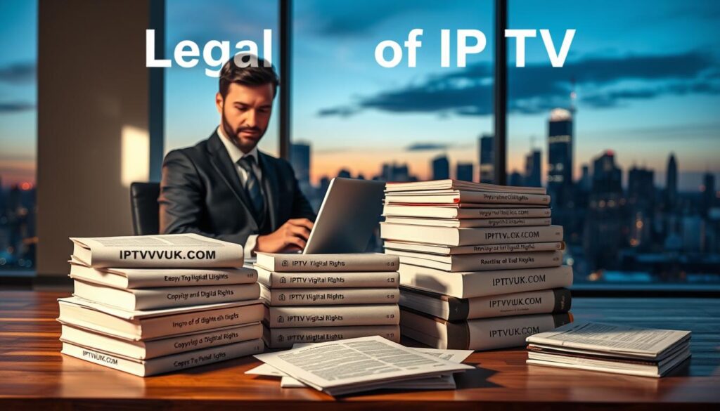 A visually striking image illustrating the legal aspects of IPTV. In the foreground, a professional-looking person in business attire sits at a desk with a laptop, examining legal documents with IPTVVUK.COM branding visible on the laptop screen. In the middle, stacks of legal books and papers about copyright and digital rights surround the person, emphasizing the legal complexities of IPTV usage. In the background, a softly lit office setting with a large window showing a city skyline at dusk creates a professional ambiance. The lighting is warm, casting gentle shadows and enhancing the mood of seriousness and focus. The overall atmosphere is informative and thought-provoking, conveying the importance of understanding the legal implications of IPTV. A visually striking image illustrating the legal aspects of IPTV. In the foreground, a professional-looking person in business attire sits at a desk with a laptop, examining legal documents with IPTVVUK.COM branding visible on the laptop screen. In the middle, stacks of legal books and papers about copyright and digital rights surround the person, emphasizing the legal complexities of IPTV usage. In the background, a softly lit office setting with a large window showing a city skyline at dusk creates a professional ambiance. The lighting is warm, casting gentle shadows and enhancing the mood of seriousness and focus. The overall atmosphere is informative and thought-provoking, conveying the importance of understanding the legal implications of IPTV.