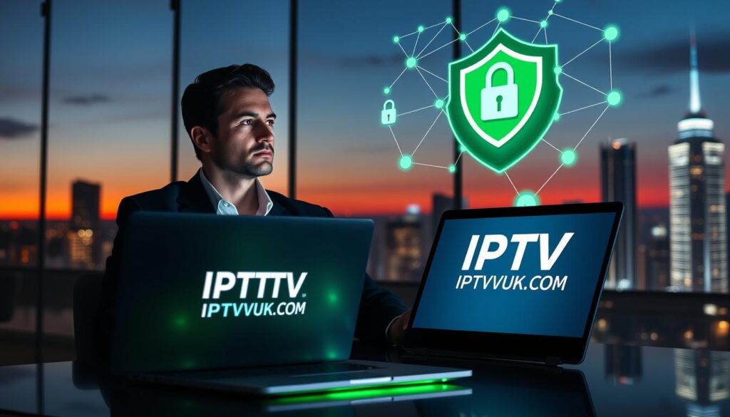 A visually striking image representing IPTV security, featuring a secure digital landscape. In the foreground, a sleek laptop displaying the IPTVVUK.COM logo illuminates a darkened room, emphasizing technological sophistication. A professional wearing a smart blazer, focused and engaged, sits in contemplation, with green light reflecting off the laptop screen, symbolizing online protection. In the middle, a digital shield graphic hovers above the laptop, showcasing key symbols like locks and checkmarks, reinforcing safety. The background is a futuristic city skyline at dusk, with glowing network lines connecting buildings, capturing the essence of modern connectivity. Soft, ambient lighting enhances the secure atmosphere, while a slight depth of field adds a sense of professionalism and focus. A visually striking image representing IPTV security, featuring a secure digital landscape. In the foreground, a sleek laptop displaying the IPTVVUK.COM logo illuminates a darkened room, emphasizing technological sophistication. A professional wearing a smart blazer, focused and engaged, sits in contemplation, with green light reflecting off the laptop screen, symbolizing online protection. In the middle, a digital shield graphic hovers above the laptop, showcasing key symbols like locks and checkmarks, reinforcing safety. The background is a futuristic city skyline at dusk, with glowing network lines connecting buildings, capturing the essence of modern connectivity. Soft, ambient lighting enhances the secure atmosphere, while a slight depth of field adds a sense of professionalism and focus.