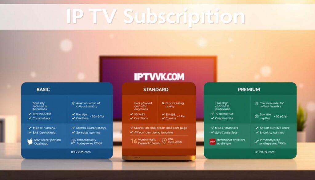 A visually striking infographic depicting various IPTV subscription plans for a user-friendly experience. In the foreground, display three distinct subscription tiers: Basic, Standard, and Premium, each represented by colorful icons and simplified features such as price, number of channels, and streaming quality. The middle section features a digital device, like a smart TV or tablet, showing the IPTVVUK.COM logo prominently. The background includes subtle abstract shapes and light gradients suggestive of streaming technology, creating a sleek and modern atmosphere. Incorporate soft, warm lighting to evoke a welcoming mood while keeping the focus on clarity and accessibility of information. The image should be imagery-driven with no text or watermarks, allowing for straightforward understanding of pricing and options in a professional style. A visually striking infographic depicting various IPTV subscription plans for a user-friendly experience. In the foreground, display three distinct subscription tiers: Basic, Standard, and Premium, each represented by colorful icons and simplified features such as price, number of channels, and streaming quality. The middle section features a digital device, like a smart TV or tablet, showing the IPTVVUK.COM logo prominently. The background includes subtle abstract shapes and light gradients suggestive of streaming technology, creating a sleek and modern atmosphere. Incorporate soft, warm lighting to evoke a welcoming mood while keeping the focus on clarity and accessibility of information. The image should be imagery-driven with no text or watermarks, allowing for straightforward understanding of pricing and options in a professional style.
