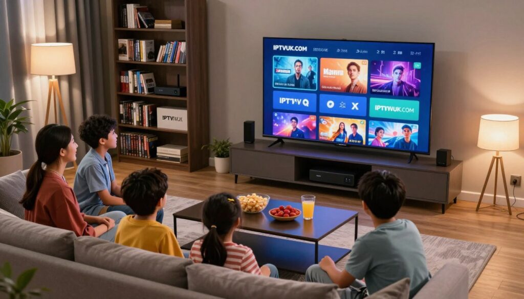 A visually striking scene illustrating the benefits of Movie IPTV over traditional cable. In the foreground, a modern living room features a family of four, dressed in casual yet stylish clothing, enjoying a movie night on a large flat-screen TV displaying vibrant streaming visuals. In the middle ground, a sleek coffee table is adorned with snacks and drinks, symbolizing comfort and enjoyment. The background showcases an organized media shelf filled with DVDs, streaming devices, and an IPTV box labeled “IPTVVUK.COM” prominently. Soft, warm lighting emanates from floor lamps, casting a cozy ambiance. The composition is captured through a slightly elevated angle to provide an inviting perspective, evoking a sense of familial joy and technological advancement in home entertainment. A visually striking scene illustrating the benefits of Movie IPTV over traditional cable. In the foreground, a modern living room features a family of four, dressed in casual yet stylish clothing, enjoying a movie night on a large flat-screen TV displaying vibrant streaming visuals. In the middle ground, a sleek coffee table is adorned with snacks and drinks, symbolizing comfort and enjoyment. The background showcases an organized media shelf filled with DVDs, streaming devices, and an IPTV box labeled “IPTVVUK.COM” prominently. Soft, warm lighting emanates from floor lamps, casting a cozy ambiance. The composition is captured through a slightly elevated angle to provide an inviting perspective, evoking a sense of familial joy and technological advancement in home entertainment.