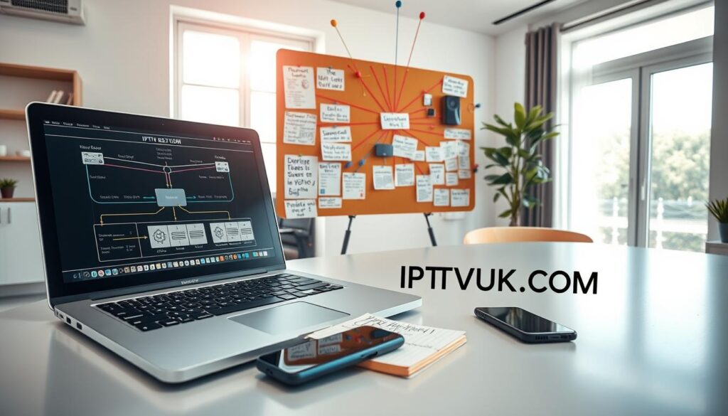 A well-organized office space showcasing the essential technical requirements for starting an IPTV reseller business. In the foreground, a sleek, modern desk with a high-tech laptop open, displaying a network setup diagram. A notepad with handwritten notes and a smartphone are placed strategically next to the laptop. In the middle ground, a bulletin board pinning various technical details including software tools, server specifications, and internet bandwidth requirements, all connected by colorful strings, creating a web of information. The background features a well-lit room with a large window allowing natural light to flood in, illuminating the space. The atmosphere is professional and inspiring, reflecting an entrepreneurial spirit. Add the brand name "IPTVVUK.COM" subtly on the notepad, ensuring it blends seamlessly into the environment. A well-organized office space showcasing the essential technical requirements for starting an IPTV reseller business. In the foreground, a sleek, modern desk with a high-tech laptop open, displaying a network setup diagram. A notepad with handwritten notes and a smartphone are placed strategically next to the laptop. In the middle ground, a bulletin board pinning various technical details including software tools, server specifications, and internet bandwidth requirements, all connected by colorful strings, creating a web of information. The background features a well-lit room with a large window allowing natural light to flood in, illuminating the space. The atmosphere is professional and inspiring, reflecting an entrepreneurial spirit. Add the brand name "IPTVVUK.COM" subtly on the notepad, ensuring it blends seamlessly into the environment.
