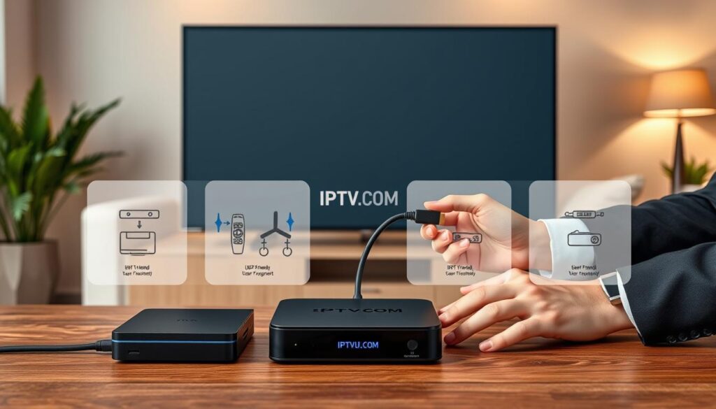 An IPTV setup guide displayed on a wooden table, featuring a modern flat-screen TV, a sleek streaming device, and an HDMI cable. In the foreground, a pair of hands in professional business attire are connecting the devices. The middle ground showcases user-friendly diagrams and symbols illustrating the connection process, with a dim ambient light that creates a cozy atmosphere. In the background, a softly lit living room with a comfortable sofa and decorative plants adds warmth. The entire scene should inspire confidence and clarity, emphasizing a seamless and straightforward setup process. The brand name "IPTVVUK.COM" should be subtly incorporated into the diagrams, enhancing the instructional quality of the image. An IPTV setup guide displayed on a wooden table, featuring a modern flat-screen TV, a sleek streaming device, and an HDMI cable. In the foreground, a pair of hands in professional business attire are connecting the devices. The middle ground showcases user-friendly diagrams and symbols illustrating the connection process, with a dim ambient light that creates a cozy atmosphere. In the background, a softly lit living room with a comfortable sofa and decorative plants adds warmth. The entire scene should inspire confidence and clarity, emphasizing a seamless and straightforward setup process. The brand name "IPTVVUK.COM" should be subtly incorporated into the diagrams, enhancing the instructional quality of the image.