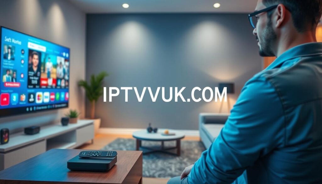 An advanced IPTV service display in a modern living room setting, showcasing a large flat-screen TV streaming vibrant content, with a high-tech remote control and a sleek streaming device prominently placed on a stylish media console. In the foreground, a user, dressed in smart casual attire, is engaged with the service, highlighting the interactive user interface on the screen. The middle ground features a cozy couch with smart home gadgets subtly arranged. In the background, a soft glow emanates from ambient lighting, creating a warm and inviting atmosphere. The room’s decor reflects a contemporary style, emphasizing a blend of comfort and technology. The brand name "IPTVVUK.COM" should be artistically incorporated into the scene, enhancing the theme of digital innovation and entertainment. Soft, natural lighting and a slight depth of field focus on the user while maintaining clarity across the room, evoking a sense of modern convenience and enjoyment. An advanced IPTV service display in a modern living room setting, showcasing a large flat-screen TV streaming vibrant content, with a high-tech remote control and a sleek streaming device prominently placed on a stylish media console. In the foreground, a user, dressed in smart casual attire, is engaged with the service, highlighting the interactive user interface on the screen. The middle ground features a cozy couch with smart home gadgets subtly arranged. In the background, a soft glow emanates from ambient lighting, creating a warm and inviting atmosphere. The room’s decor reflects a contemporary style, emphasizing a blend of comfort and technology. The brand name "IPTVVUK.COM" should be artistically incorporated into the scene, enhancing the theme of digital innovation and entertainment. Soft, natural lighting and a slight depth of field focus on the user while maintaining clarity across the room, evoking a sense of modern convenience and enjoyment.