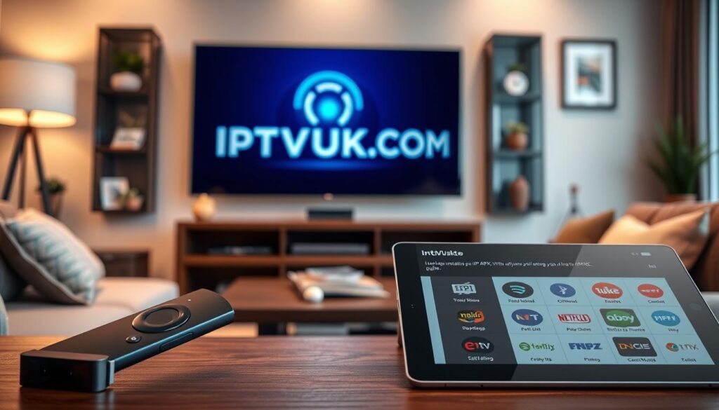 An aesthetically pleasing living room setting showcasing a modern television displaying the IPTVVUK.COM logo on the screen, with a Firestick remote placed prominently in the foreground. A user-friendly installation guide is partially visible on a tablet nearby, featuring icons of popular IPTV APKs. The background features a comfortable couch and stylish decor that creates a cozy atmosphere. Soft, warm lighting enhances the inviting feel of the room, while a slight focus blur on the background emphasizes the forefront items. The image should convey a sense of ease and accessibility in the installation process, appealing to viewers eager to enhance their streaming experience. An aesthetically pleasing living room setting showcasing a modern television displaying the IPTVVUK.COM logo on the screen, with a Firestick remote placed prominently in the foreground. A user-friendly installation guide is partially visible on a tablet nearby, featuring icons of popular IPTV APKs. The background features a comfortable couch and stylish decor that creates a cozy atmosphere. Soft, warm lighting enhances the inviting feel of the room, while a slight focus blur on the background emphasizes the forefront items. The image should convey a sense of ease and accessibility in the installation process, appealing to viewers eager to enhance their streaming experience.