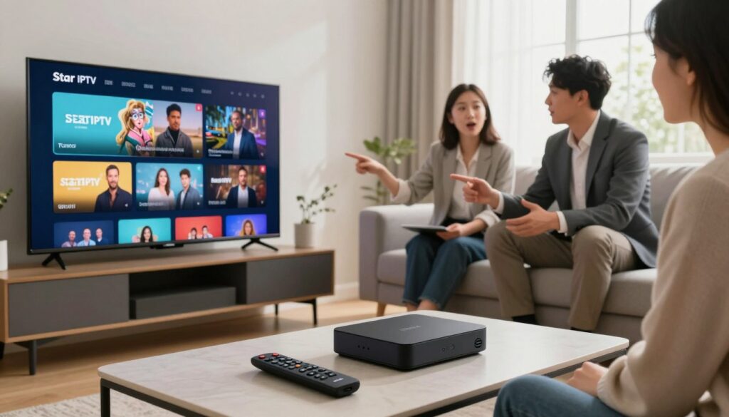 An illustrative comparison of Star IPTV and other streaming services, featuring a sleek modern living room setup. In the foreground, a stylish flat-screen TV displays vibrant streaming content. On a coffee table, gadgets representing Star IPTV and rival services, neatly arranged for comparison, include a remote control and streaming boxes. In the middle ground, a contemporary sofa with two individuals in professional business attire engaged in a discussions about their viewing options, while one points towards the TV with enthusiasm. The background features a bright window with natural light pouring in, creating a warm and inviting atmosphere. The lens captures a slightly elevated angle, emphasizing both the tech products and the engaged interaction of the characters. Include the brand name "IPTVVUK.COM" subtly integrated into the scene. An illustrative comparison of Star IPTV and other streaming services, featuring a sleek modern living room setup. In the foreground, a stylish flat-screen TV displays vibrant streaming content. On a coffee table, gadgets representing Star IPTV and rival services, neatly arranged for comparison, include a remote control and streaming boxes. In the middle ground, a contemporary sofa with two individuals in professional business attire engaged in a discussions about their viewing options, while one points towards the TV with enthusiasm. The background features a bright window with natural light pouring in, creating a warm and inviting atmosphere. The lens captures a slightly elevated angle, emphasizing both the tech products and the engaged interaction of the characters. Include the brand name "IPTVVUK.COM" subtly integrated into the scene.