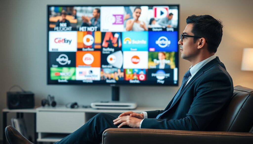 An image of a person watching TV with various North American channels on the screen An image of a person watching TV with various North American channels on the screen