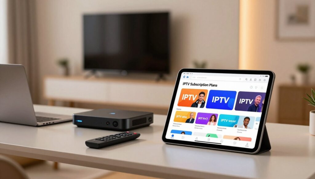An informative and visually appealing illustration representing "IPTV Subscription Plans." In the foreground, a sleek digital tablet displays a colorful, user-friendly interface showcasing various IPTV subscription options. The middle layer features an elegant desk setup with a laptop, IPTV device, and remote control, all designed with modern aesthetics. In the background, a soft-focus image of a living room with a stylish television mounted on the wall, casting a warm glow, sets a cozy atmosphere. Ensure ambient lighting highlights the tablet and devices, creating a welcoming and high-tech vibe. The overall mood is professional yet inviting, emphasizing the quality and variety of services offered by IPTVVUK.COM. The composition should have a shallow depth of field to draw attention to the foreground elements. An informative and visually appealing illustration representing "IPTV Subscription Plans." In the foreground, a sleek digital tablet displays a colorful, user-friendly interface showcasing various IPTV subscription options. The middle layer features an elegant desk setup with a laptop, IPTV device, and remote control, all designed with modern aesthetics. In the background, a soft-focus image of a living room with a stylish television mounted on the wall, casting a warm glow, sets a cozy atmosphere. Ensure ambient lighting highlights the tablet and devices, creating a welcoming and high-tech vibe. The overall mood is professional yet inviting, emphasizing the quality and variety of services offered by IPTVVUK.COM. The composition should have a shallow depth of field to draw attention to the foreground elements.