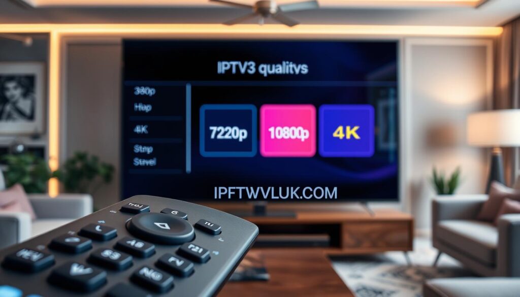 An informative depiction of IPTV streaming quality options, featuring a sleek, modern digital interface displayed on a high-definition television screen. In the foreground, show a close-up of a remote control with clearly marked buttons for selecting quality options like 480p, 720p, 1080p, and 4K. In the middle, illustrate a user-friendly menu interface showing these options in a vibrant color scheme, emphasizing clarity and ease of use. The background should include a stylish living room setting, with soft lighting creating a warm and inviting atmosphere. Use a wide-angle lens to capture the entire scene, enhancing depth and focus on the IPTV quality options. Include the brand name “IPTVVUK.COM” subtly integrated into the interface design, ensuring it blends seamlessly into the overall aesthetic. An informative depiction of IPTV streaming quality options, featuring a sleek, modern digital interface displayed on a high-definition television screen. In the foreground, show a close-up of a remote control with clearly marked buttons for selecting quality options like 480p, 720p, 1080p, and 4K. In the middle, illustrate a user-friendly menu interface showing these options in a vibrant color scheme, emphasizing clarity and ease of use. The background should include a stylish living room setting, with soft lighting creating a warm and inviting atmosphere. Use a wide-angle lens to capture the entire scene, enhancing depth and focus on the IPTV quality options. Include the brand name “IPTVVUK.COM” subtly integrated into the interface design, ensuring it blends seamlessly into the overall aesthetic.
