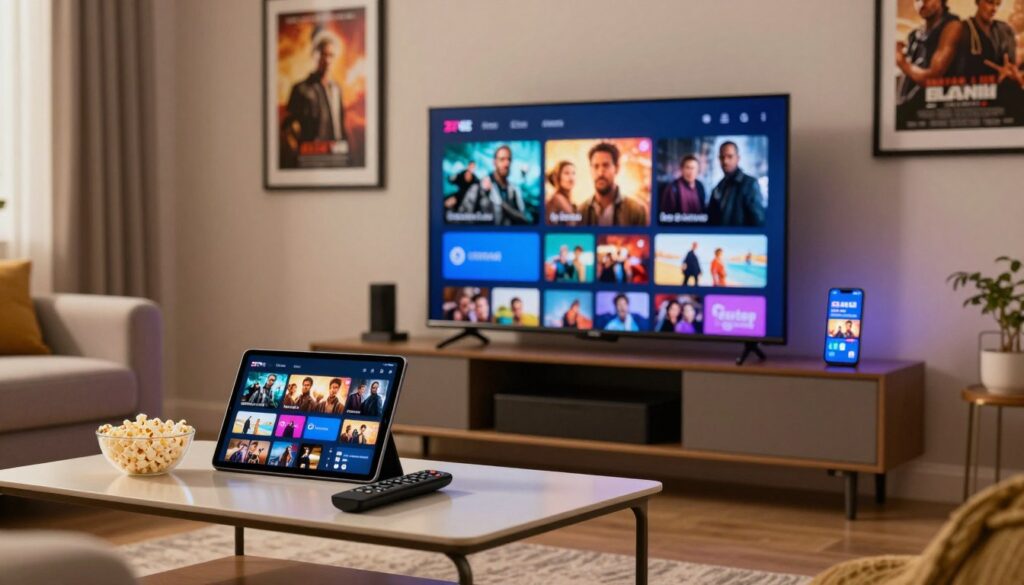 An inviting living room scene showcasing a modern IPTV setup featuring multiple devices including a smart TV, tablet, and smartphone, all displaying streaming movie content from IPTVVUK.COM. In the foreground, a sleek coffee table holds a remote control and popcorn, while a cozy sofa invites relaxation. The middle space highlights the devices with vibrant screens, showing diverse movie genres. The background features framed movie posters and soft ambient lighting, creating a warm, inviting atmosphere. Use natural and artificial light to enhance the details, with a focus on a slight depth of field to draw attention to the devices. The mood should evoke comfort and excitement for movie nights, emphasizing a seamless IPTV experience without any distractions. An inviting living room scene showcasing a modern IPTV setup featuring multiple devices including a smart TV, tablet, and smartphone, all displaying streaming movie content from IPTVVUK.COM. In the foreground, a sleek coffee table holds a remote control and popcorn, while a cozy sofa invites relaxation. The middle space highlights the devices with vibrant screens, showing diverse movie genres. The background features framed movie posters and soft ambient lighting, creating a warm, inviting atmosphere. Use natural and artificial light to enhance the details, with a focus on a slight depth of field to draw attention to the devices. The mood should evoke comfort and excitement for movie nights, emphasizing a seamless IPTV experience without any distractions.