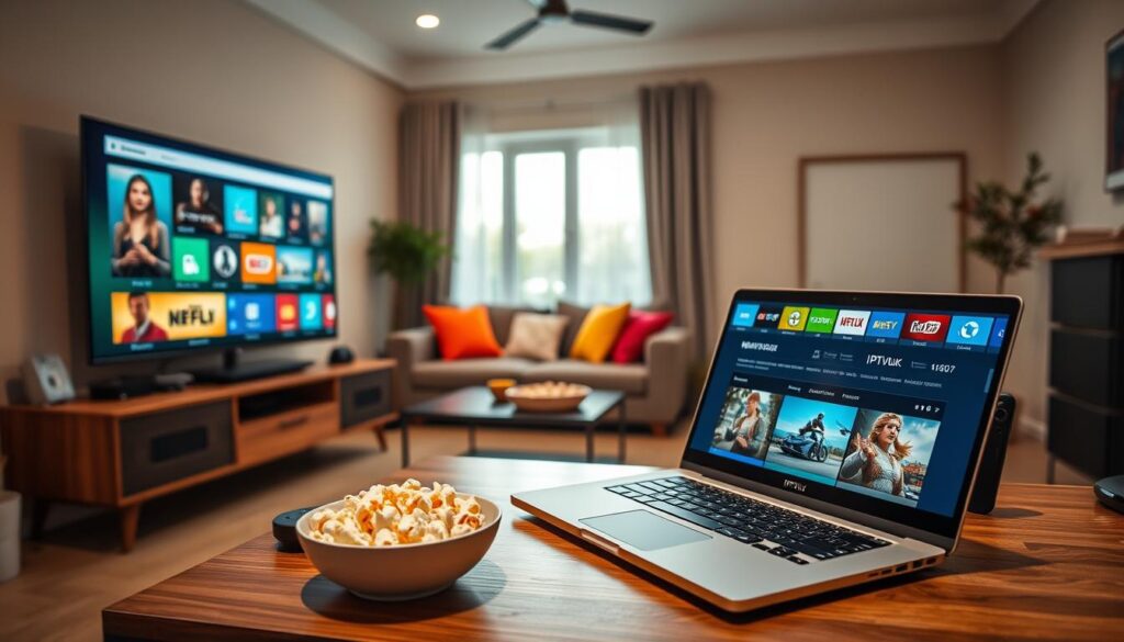 An inviting workspace featuring a modern television streaming setup. In the foreground, a sleek smart TV displays a vibrant selection of IPTV offerings. On a stylish wooden desk, an open laptop shows the website interface of IPTVVUK.COM, surrounded by a few streaming devices. In the middle ground, a comfortable couch with colorful cushions invites relaxation, and a stylish coffee table holds a bowl of popcorn. The background reveals a well-lit living room, with soft, warm lighting enhancing the cozy atmosphere. A large window lets in natural light, creating a sense of openness. The scene conveys a relaxed yet modern mood, perfect for viewing TV and exploring IPTV features.