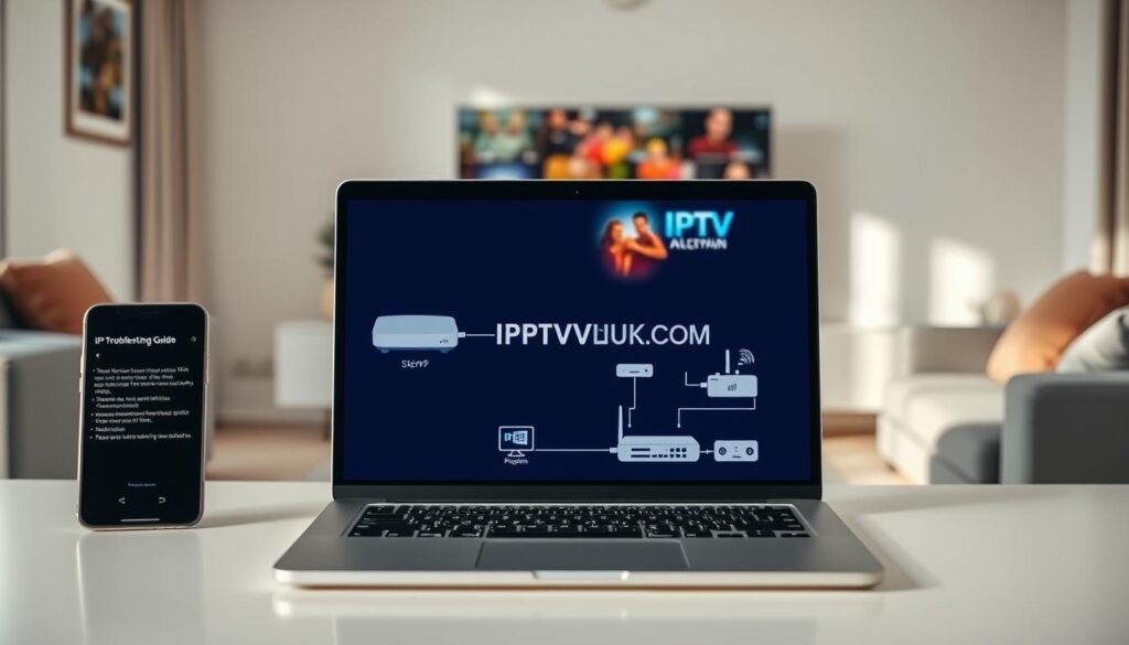 An organized IPTV troubleshooting guide layout, featuring a clean workspace. In the foreground, a modern laptop displaying troubleshooting steps on the screen, with a smartphone showing an IPTV app beside it. In the middle, a detailed network diagram illustrating IPTV connections, including a router, TV, and streaming devices. The background contains a comfortable living room setting with a large flat-screen TV displaying vibrant streaming content. Soft, natural lighting spills into the space, creating a welcoming atmosphere. The scene conveys a sense of professionalism and clarity, perfect for users seeking guidance. Include the brand name "IPTVVUK.COM" subtly integrated into the image as part of the laptop screen's content, ensuring it remains legible but does not dominate the composition. An organized IPTV troubleshooting guide layout, featuring a clean workspace. In the foreground, a modern laptop displaying troubleshooting steps on the screen, with a smartphone showing an IPTV app beside it. In the middle, a detailed network diagram illustrating IPTV connections, including a router, TV, and streaming devices. The background contains a comfortable living room setting with a large flat-screen TV displaying vibrant streaming content. Soft, natural lighting spills into the space, creating a welcoming atmosphere. The scene conveys a sense of professionalism and clarity, perfect for users seeking guidance. Include the brand name "IPTVVUK.COM" subtly integrated into the image as part of the laptop screen's content, ensuring it remains legible but does not dominate the composition.