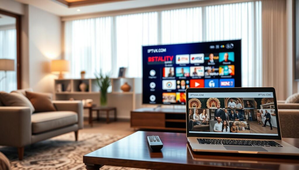 Create an engaging scene illustrating IPTV streaming quality. In the foreground, showcase a sleek, modern smart TV displaying a high-definition streaming interface, complete with vibrant colors and sharp detail showcasing various IPTV channels. In the middle ground, include a stylish, minimalistic coffee table with a remote and a laptop open to IPTVVUK.COM, emphasizing easy navigation. The background features a cozy living room with soft lighting, warm tones, and contemporary furniture, creating an inviting atmosphere. Use a slight depth of field to draw attention to the TV and the laptop. Capture a mood of relaxation and enjoyment, embodying the essence of an ideal viewing experience. Ensure all elements are professional and free of any text overlays or distractions. Create an engaging scene illustrating IPTV streaming quality. In the foreground, showcase a sleek, modern smart TV displaying a high-definition streaming interface, complete with vibrant colors and sharp detail showcasing various IPTV channels. In the middle ground, include a stylish, minimalistic coffee table with a remote and a laptop open to IPTVVUK.COM, emphasizing easy navigation. The background features a cozy living room with soft lighting, warm tones, and contemporary furniture, creating an inviting atmosphere. Use a slight depth of field to draw attention to the TV and the laptop. Capture a mood of relaxation and enjoyment, embodying the essence of an ideal viewing experience. Ensure all elements are professional and free of any text overlays or distractions.