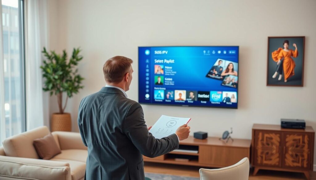 Create an image of a person customizing their SS IPTV playlist on a smart TV screen Create an image of a person customizing their SS IPTV playlist on a smart TV screen