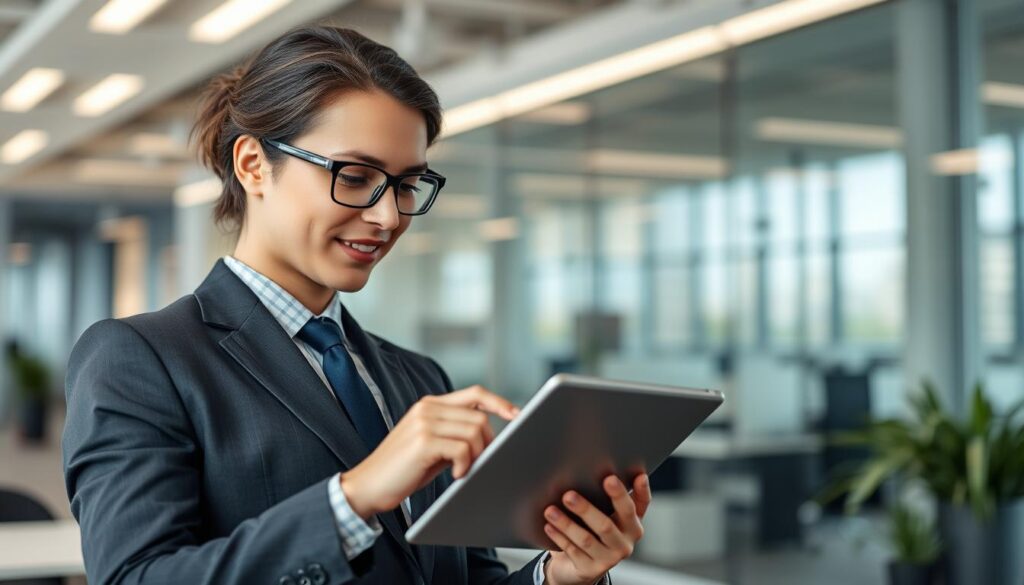 Create an image showing a person using a tablet with TiVistation app open. Create an image showing a person using a tablet with TiVistation app open.