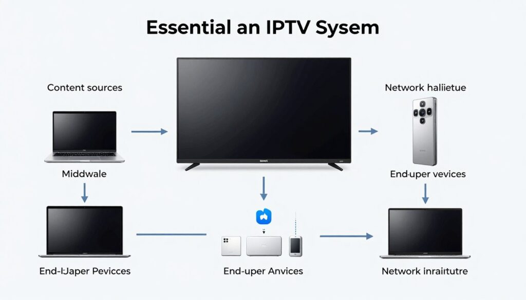 Diagram illustrating the core components of an IPTV system Diagram illustrating the core components of an IPTV system