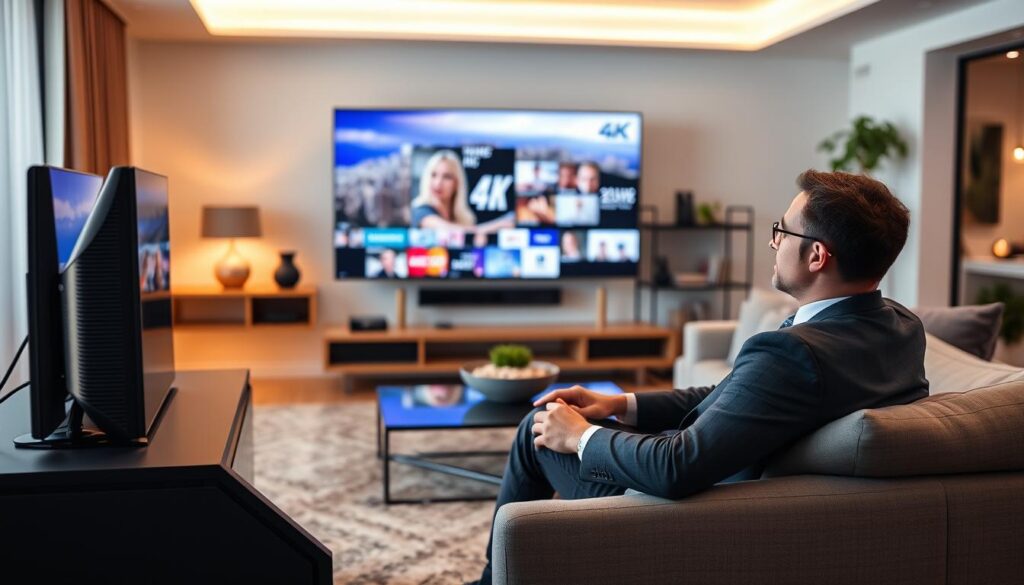 Generate an image depicting a user enjoying 4K content on XCodes IPTV. Generate an image depicting a user enjoying 4K content on XCodes IPTV.