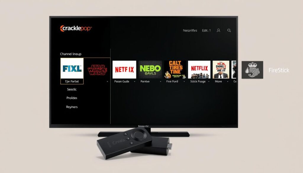 Generate an image of CracklePop TV's interface on a Firestick device, showcasing its channel lineup and EPG. Generate an image of CracklePop TV's interface on a Firestick device, showcasing its channel lineup and EPG.