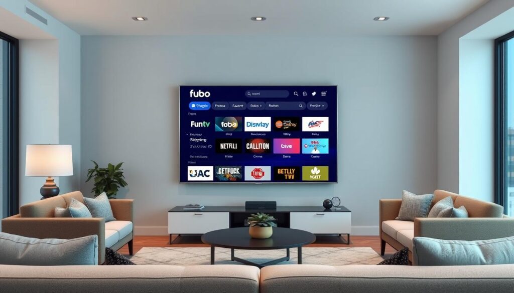 Generate an image of Fubo TV's channel lineup on a TV screen Generate an image of Fubo TV's channel lineup on a TV screen