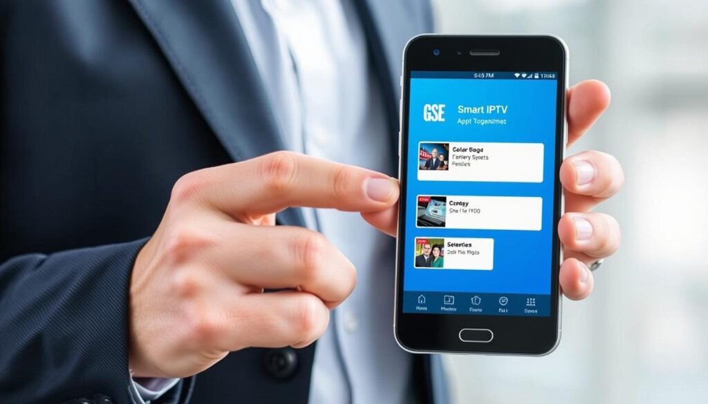 Generate an image of GSE Smart IPTV app on a mobile device. Generate an image of GSE Smart IPTV app on a mobile device.