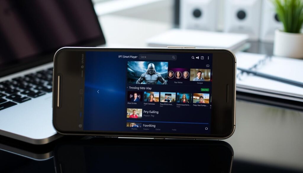 Generate an image of IPTV Smart Player app on a mobile device. Generate an image of IPTV Smart Player app on a mobile device.