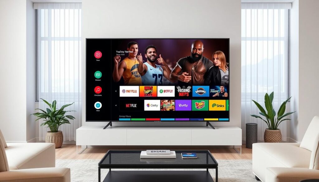 Generate an image of IPTV Smarters Pro interface on a smart TV. Generate an image of IPTV Smarters Pro interface on a smart TV.