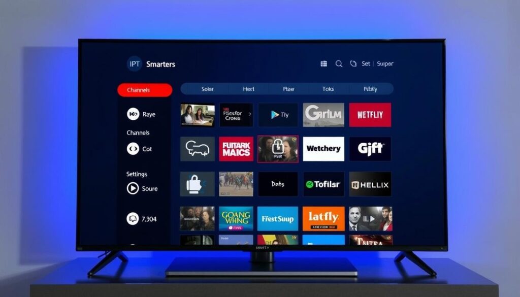 Generate an image of IPTV Smarters Pro interface on a smart TV screen Generate an image of IPTV Smarters Pro interface on a smart TV screen