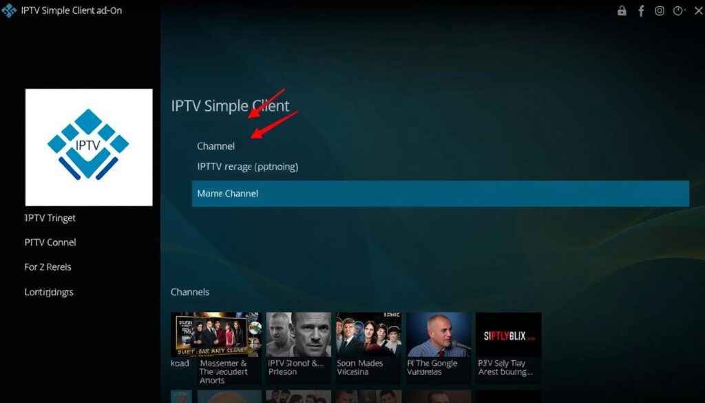 Generate an image of Kodi interface with IPTV Simple Client add-on. Generate an image of Kodi interface with IPTV Simple Client add-on.