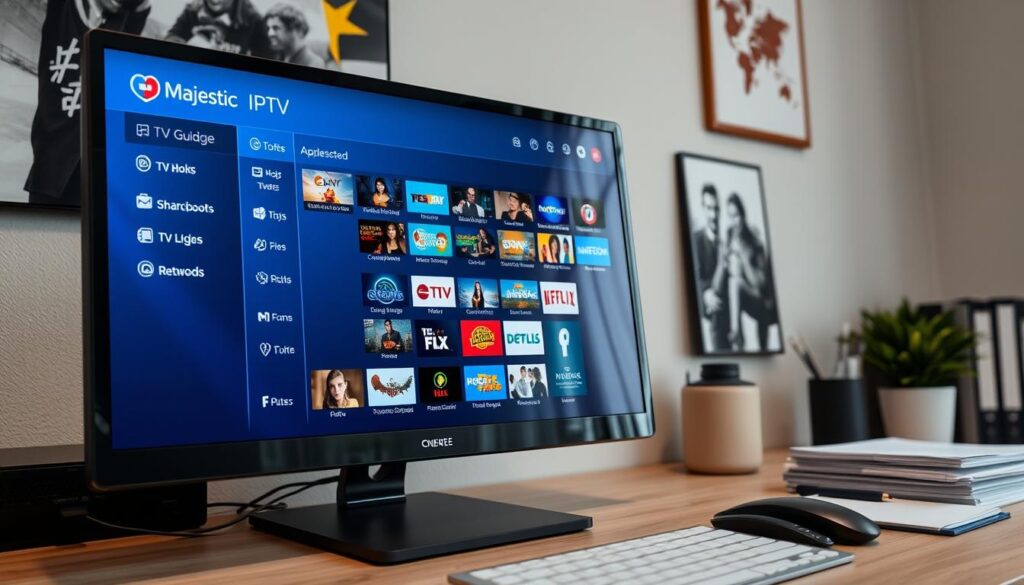 Generate an image of Majestic IPTV's interface on a computer screen, highlighting its TV guide. Generate an image of Majestic IPTV's interface on a computer screen, highlighting its TV guide.