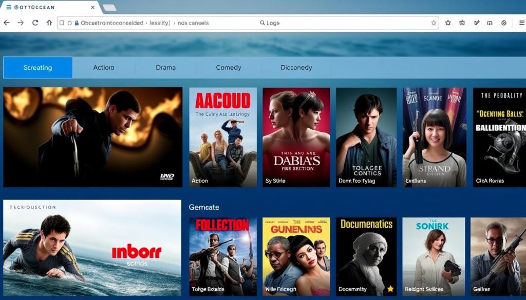 Generate an image of OTTOcean's streaming interface showcasing its content variety Generate an image of OTTOcean's streaming interface showcasing its content variety