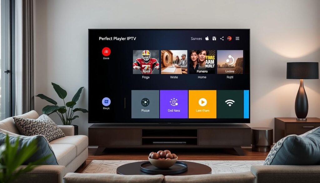 Generate an image of Perfect Player IPTV on a Android TV. Generate an image of Perfect Player IPTV on a Android TV.