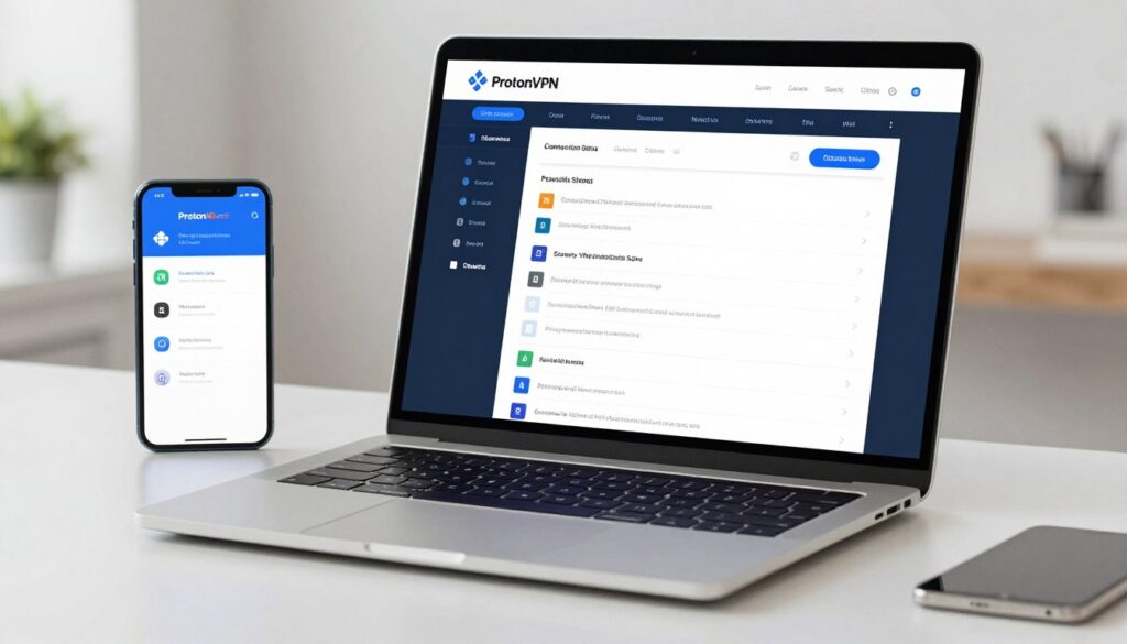 Generate an image of ProtonVPN's interface on a device, highlighting its security features. Generate an image of ProtonVPN's interface on a device, highlighting its security features.