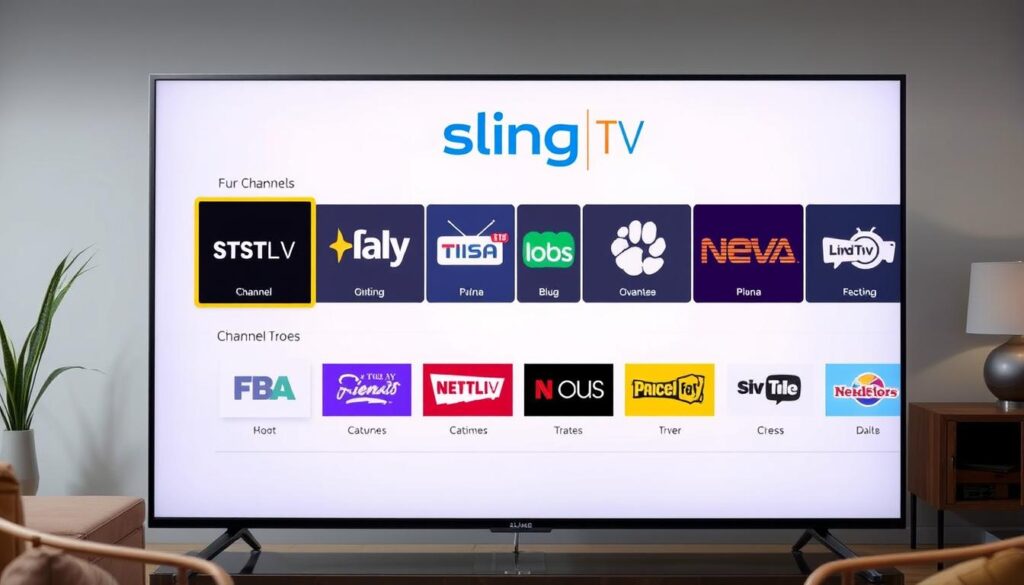 Generate an image of Sling TV's channel lineup on a TV screen Generate an image of Sling TV's channel lineup on a TV screen