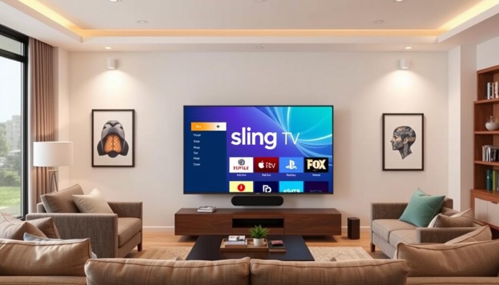 Generate an image of Sling TV's interface on a TV screen Generate an image of Sling TV's interface on a TV screen