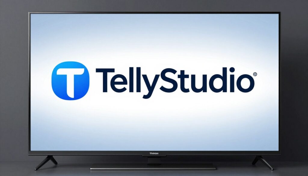 Generate an image of TellyStudio's logo with a TV screen in the background Generate an image of TellyStudio's logo with a TV screen in the background