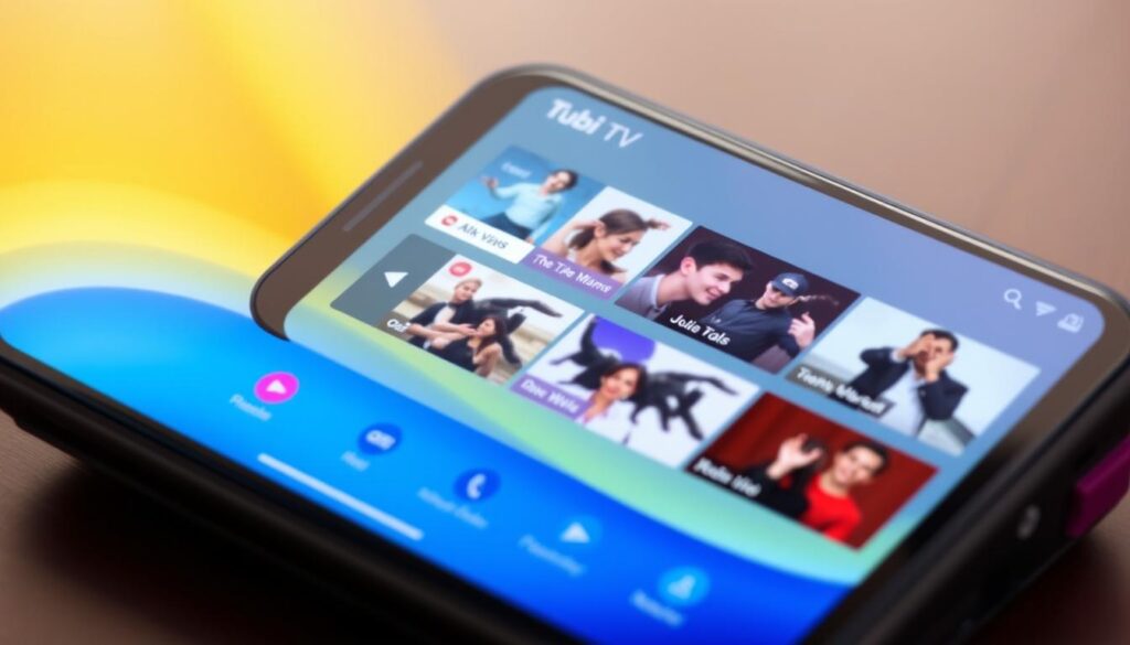 Generate an image of Tubi TV's interface on a mobile device. Generate an image of Tubi TV's interface on a mobile device.