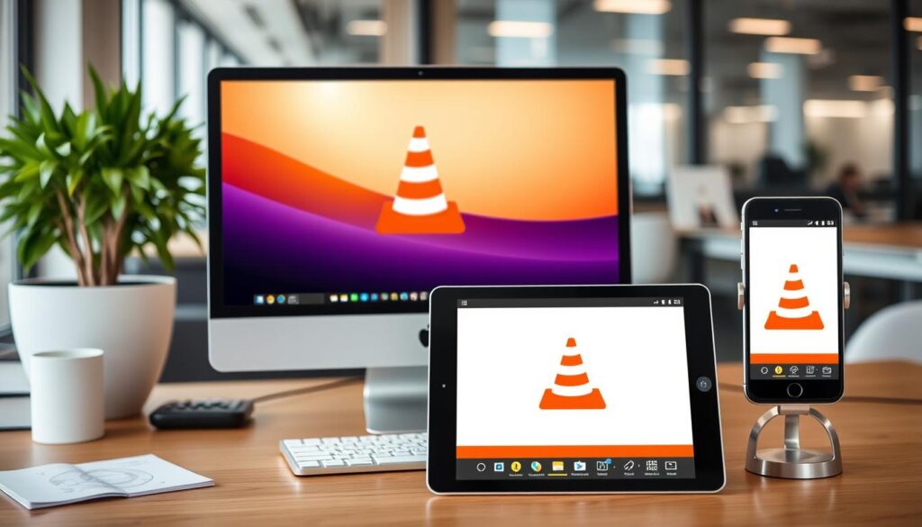 Generate an image of VLC Media Player on multiple devices. Generate an image of VLC Media Player on multiple devices.
