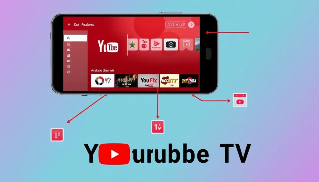 Generate an image of YouTube TV's features on a smartphone screen Generate an image of YouTube TV's features on a smartphone screen