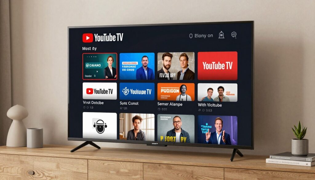 Generate an image of YouTube TV's interface on a smart TV screen Generate an image of YouTube TV's interface on a smart TV screen