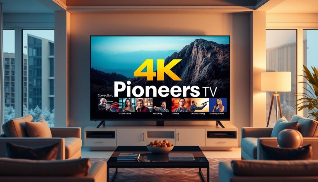 Generate an image of a 4K TV displaying high-quality content with a "Pioneers TV" logo. Generate an image of a 4K TV displaying high-quality content with a "Pioneers TV" logo.