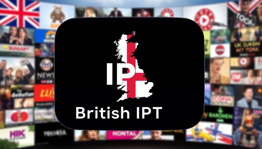 Generate an image of a British IPTV logo with UK channels in the background Generate an image of a British IPTV logo with UK channels in the background